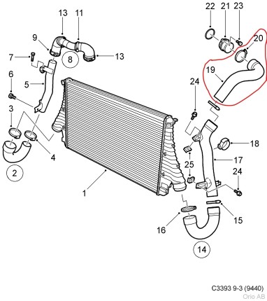 Supercharger hose for Saab 9.3 1.9 TID 150 HP intercooler
