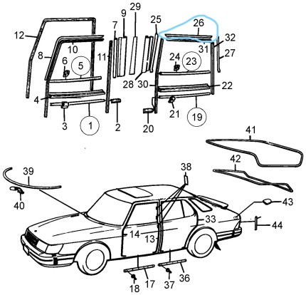 upper chrome trim on right rear door saab 900 classic Others parts: wiper blade, anten mast...