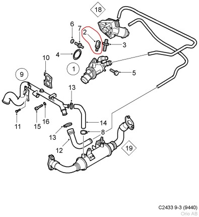 engine water temperature sensor Saab 9.3 1L9 TID 2005-2010 Engine